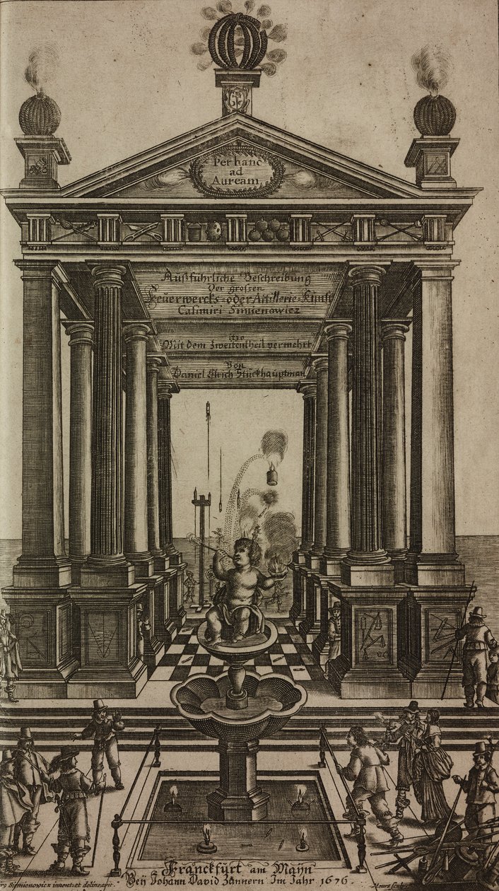 Fuente con querubín y templo, grabado, frontispicio de Grand Art d