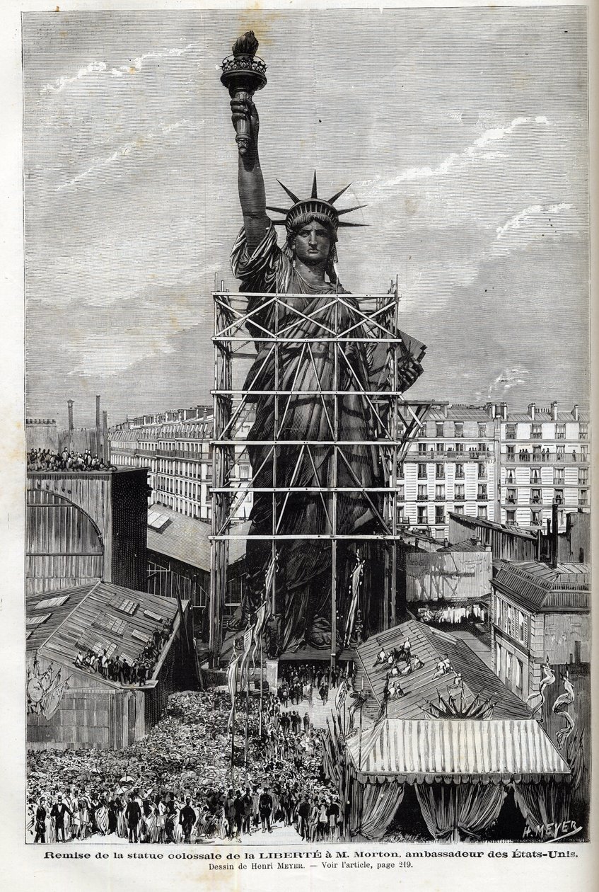 Francia, París, Entrega de la Estatua de la Libertad al embajador de Estados Unidos - Embalaje de la estatua de la Libertad hecha por Frédéric Auguste Bartholdi (1834-1904) en andamios para transportarla de París a América de Unknown artist