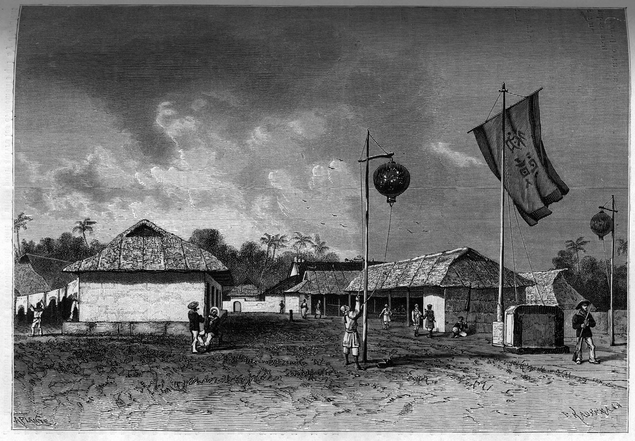 Francia en Indochina: Puesto militar francés dentro de la ciudadela de Hue, capital de Indochina. Grabado en "Le journal de la jeunesse" de Unknown artist