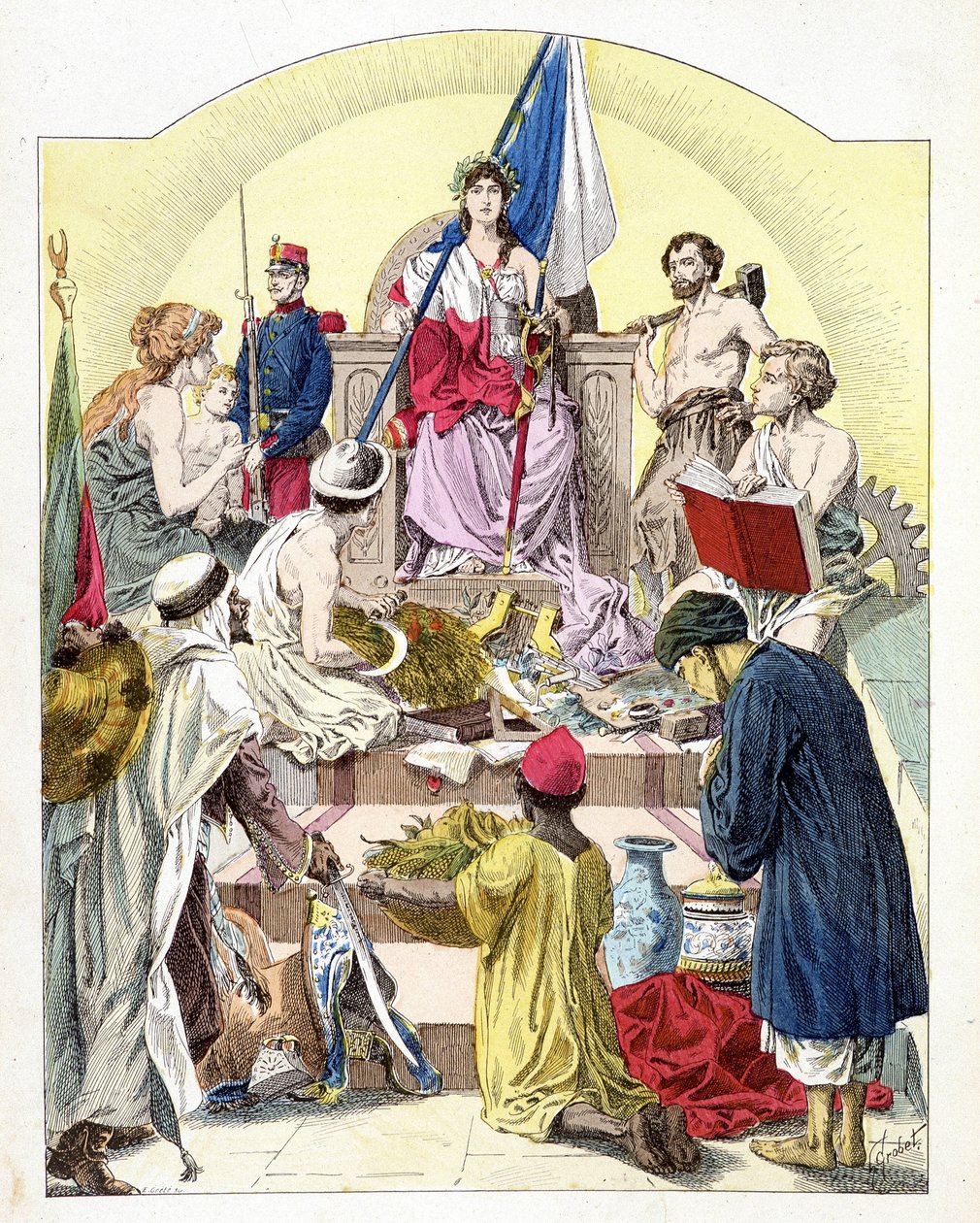 Francia, bajo los rasgos de Marianne, rodeada por sus colonias personificadas - en “Histoire de France”, por E. Grobet, c. 1915 de Unknown artist