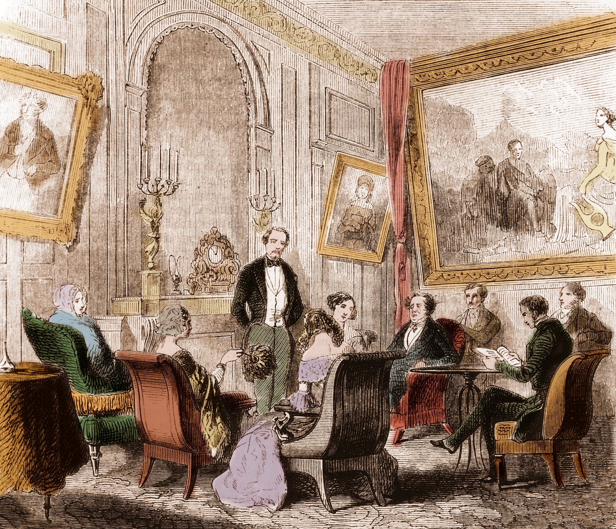 François René de Chateaubriand (1768-1848), escritor y político francés, leyendo las “Memorias de Ultratumba” en el salón de Madame Recamier en Abbey-au-Bois, rue de Sevres, París - Grabado de Unknown artist