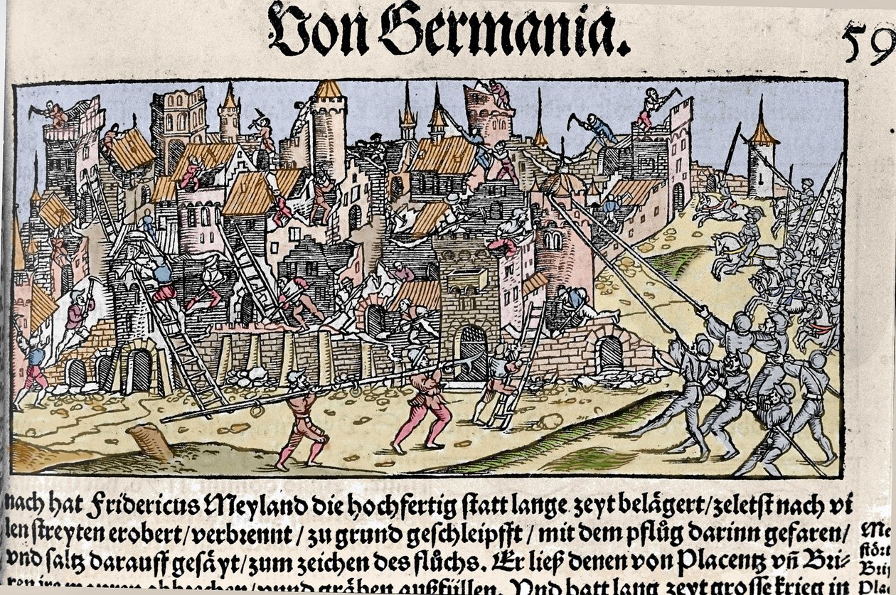 Federico Barbarroja, emperador del Sacro Imperio Romano, conquistó y destruyó Milán en 1162 de Unknown artist