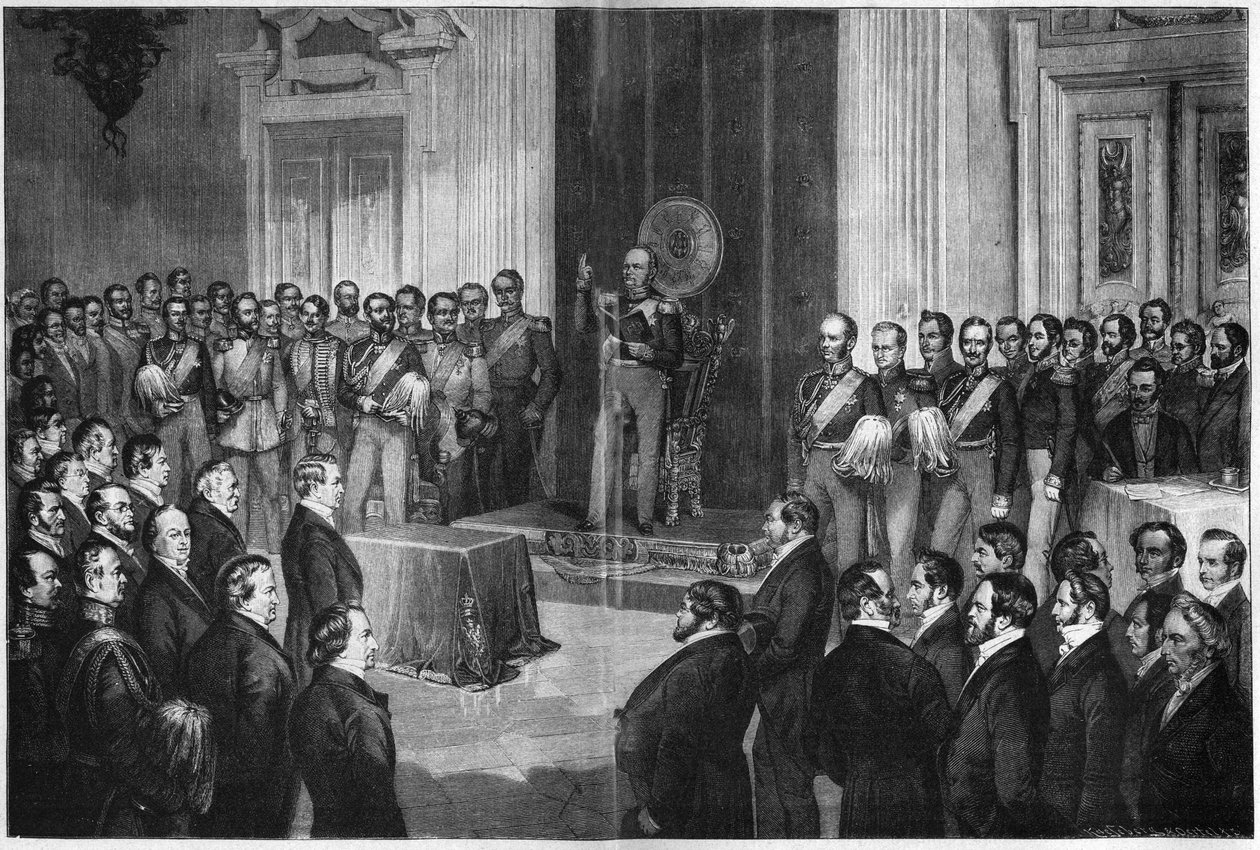 Federico Guillermo IV (1795-1861), Rey de Prusia, jurando el juramento sobre la constitución, 6 de febrero de 1850, grabado en madera después de Paul Buerde de Unknown artist