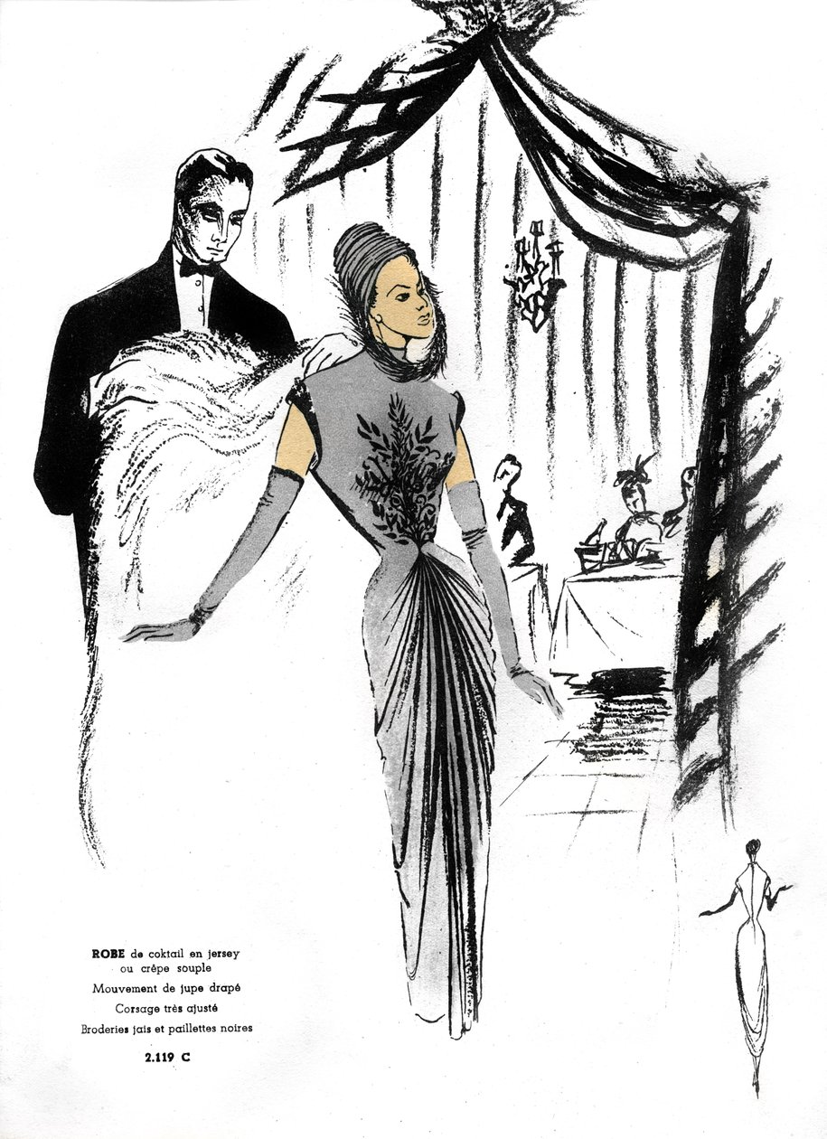 Moda francesa, diseño de vestidos de cóctel en restaurante. de Unknown artist