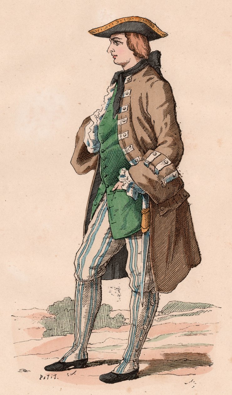 Caballero francés en traje de caza, con abrigo, chaleco y sombrero de tres picos con una daga en su costado durante el siglo XVIII de Unknown