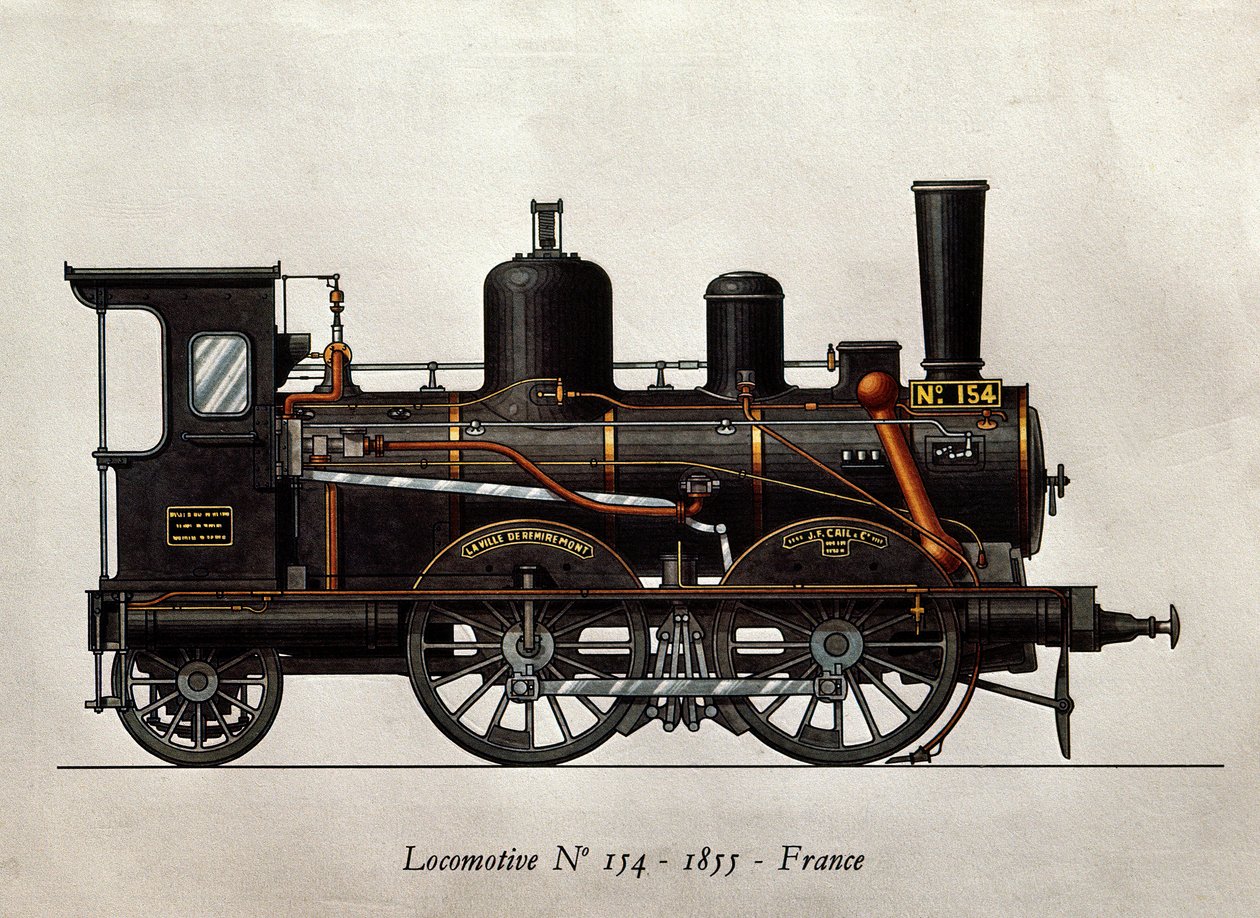 Tren francés: Locomotora Número 154 de 1855. Grabado. París, Artes Decorativas de Unknown artist