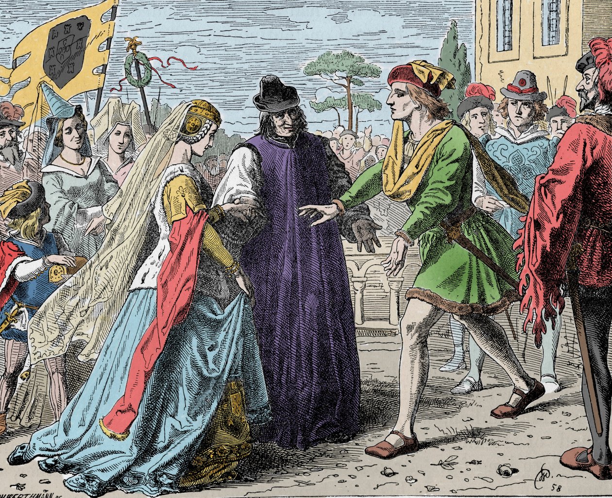 Recepción de Leonor por Federico - Federico III (Federico V de Habsburgo) (1415-1493), emperador romano recibe a Leonor de Portugal (1434-1467) de Unknown artist
