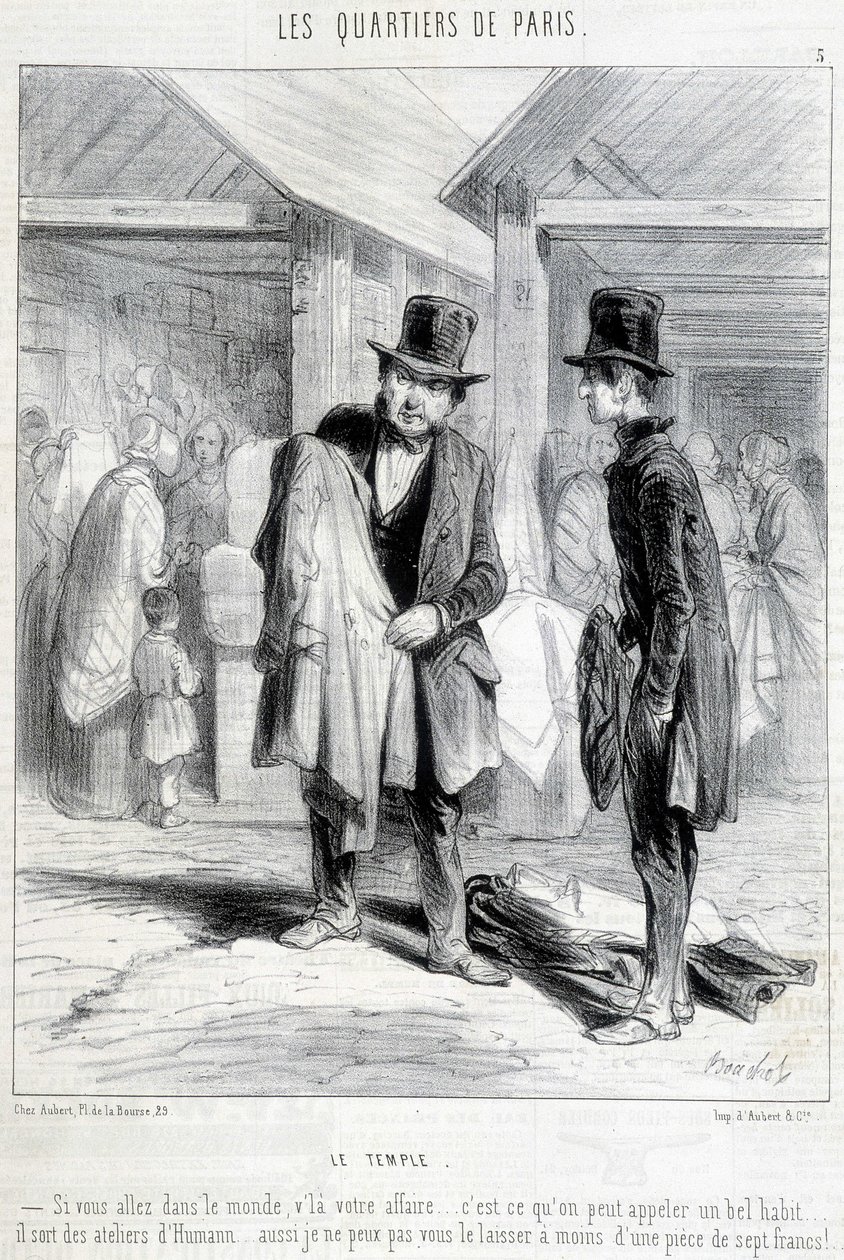 Fripier del distrito del templo en París tratando de vender ropa a un hombre. Grabado del siglo XIX. de Unknown artist