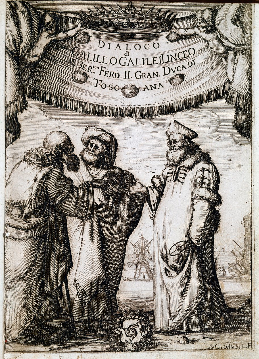 Frontispicio de Diálogo sobre los dos máximos sistemas del mundo encargado por el Papa Urbano VIII al astrónomo y físico Galileo Galilei alrededor de 1620 y publicado en 1632 de Unknown artist