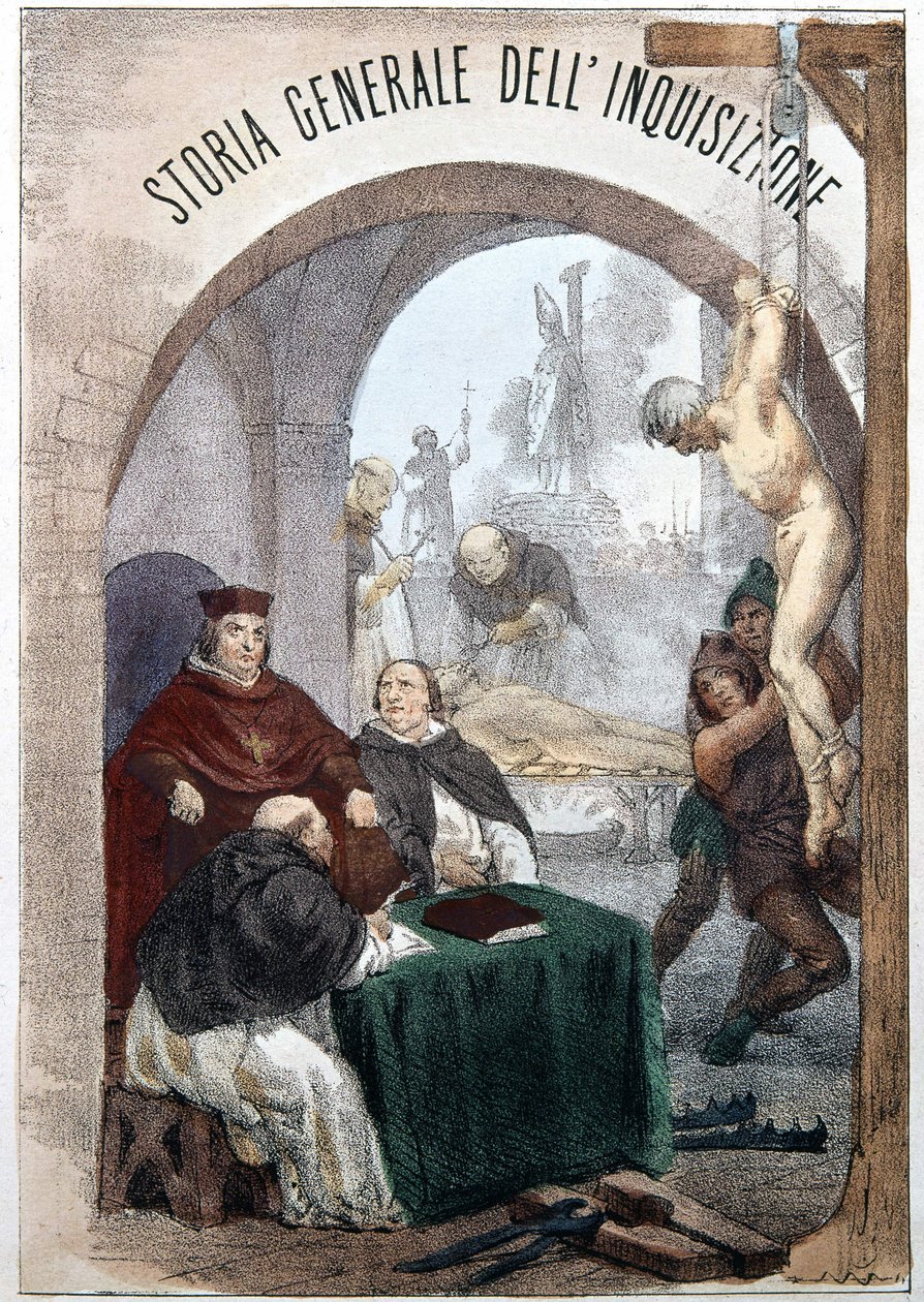 Frontispicio de La Historia General de la Inquisición por Pietro Tamburini con una ilustración que representa escenas de la inquisición simbólica. Milán 1850 de Unknown artist
