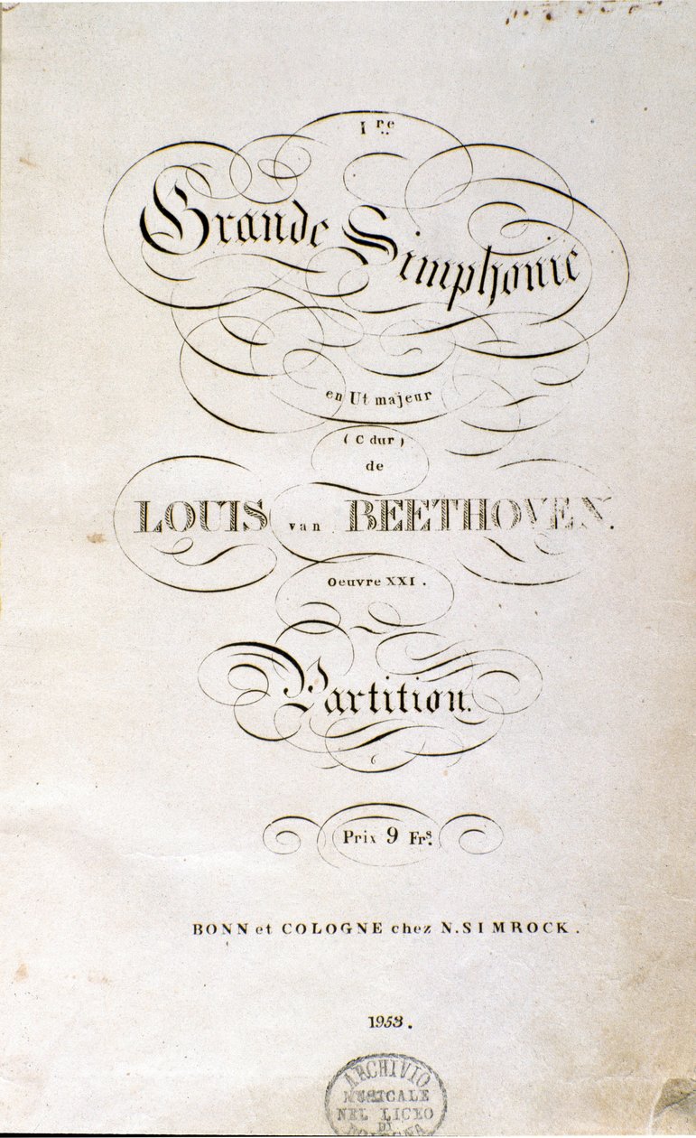 Frontispicio de la primera edición alemana de la partitura de la Sinfonía n. 1 en Do mayor del compositor alemán Ludwig van Beethoven (1799-1800). Bonn. de Unknown artist