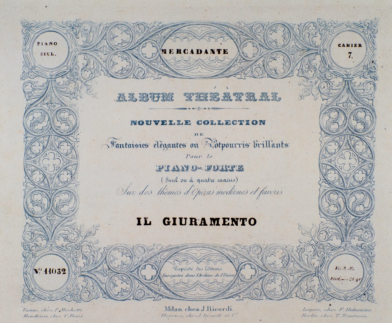 Frontispicio de la ópera Il Giuramento, por Mercadante (1837) de Unknown artist