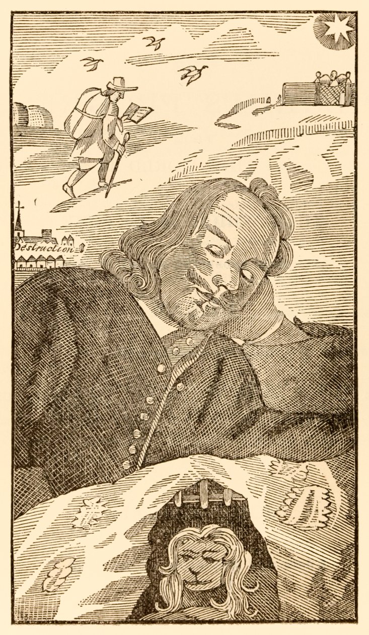 Frontispicio de El progreso del peregrino de este mundo, al que está por venir de John Bunyan (1628-1688) mostrando al autor soñando con el peregrino cristiano cargado con el conocimiento de su pecado de Unknown