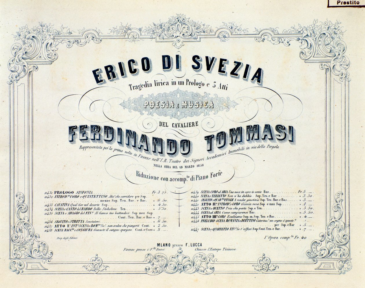 Portada de Enrico di Svezia, ópera de Ferdinando Tommasi de Unknown artist