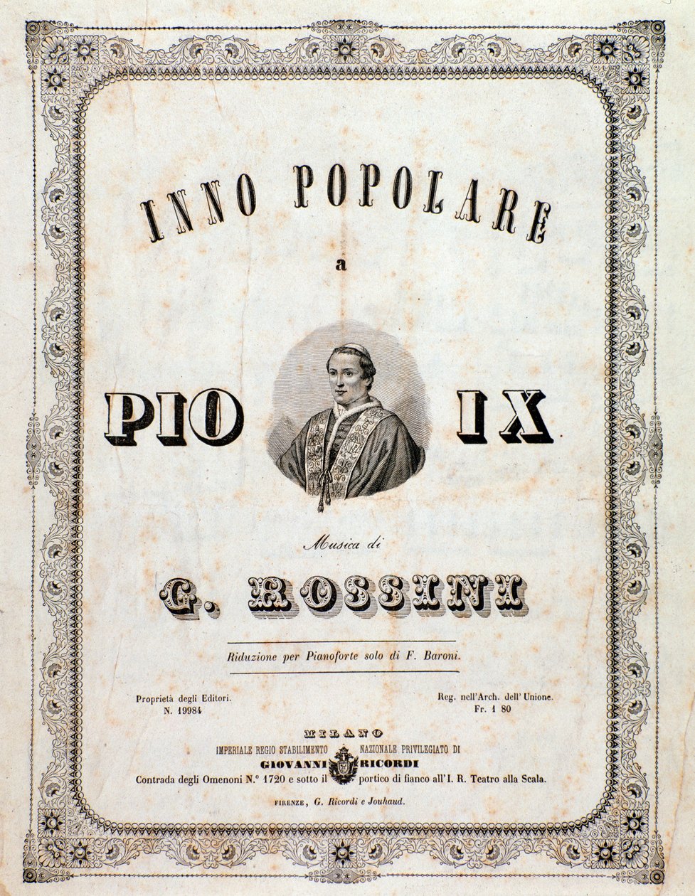Frontispicio de la partitura musical Himno popular para Pío IX de Gioacchino Rossini de Unknown artist