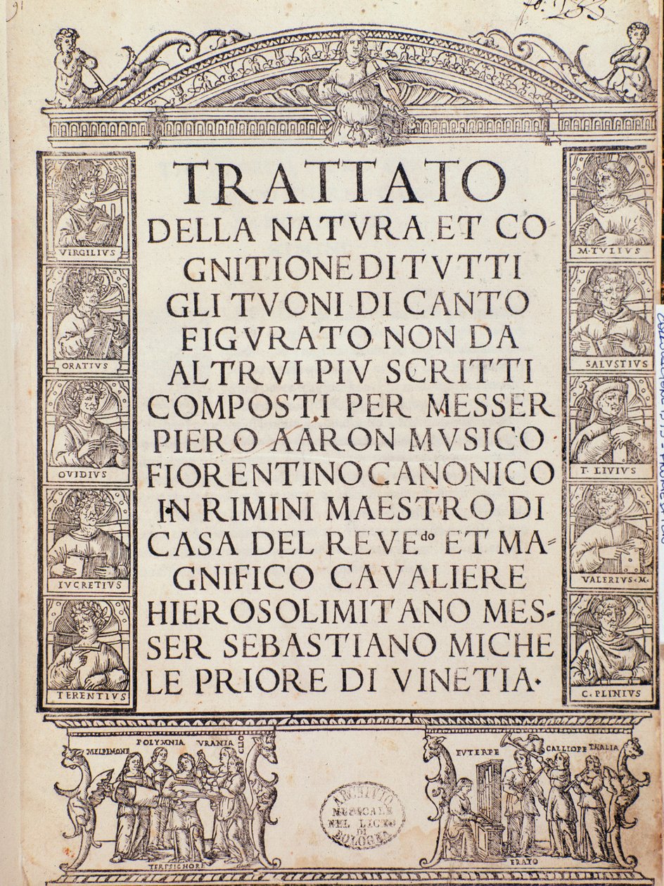 Frontispicio o página de título de Trattato della natura e Cognizione di tutti gli duoni di canto figurato de Pietro Aron de Unknown artist