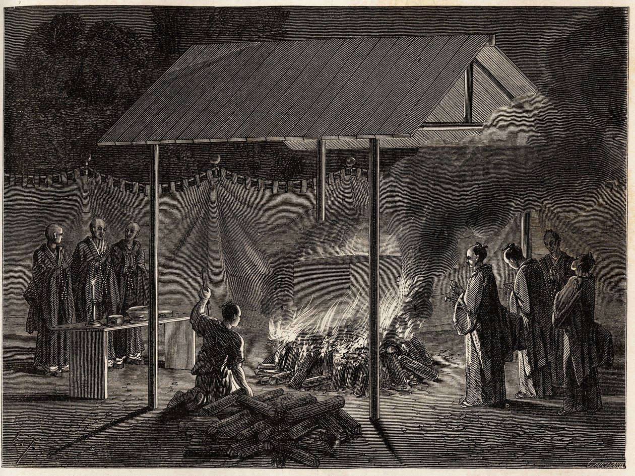 Ceremonias funerarias: incineración ritual. Grabado para ilustrar el viaje a Japón en 1863-1864, por Aime Humbert, ministro de la Confederación Suiza, en “Le tour du monde, nouveau journal des voyages”, publicado bajo la dirección de Edouard Charton de Unknown artist