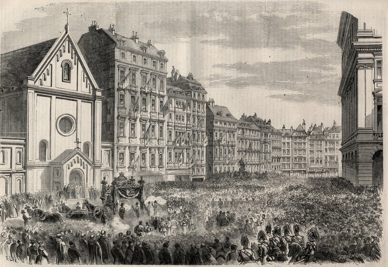 Funeral del Emperador Maximiliano I de México (1832-1867): llegada del cortejo fúnebre frente a la Iglesia de los Capuchinos de Viena. Grabado en “L