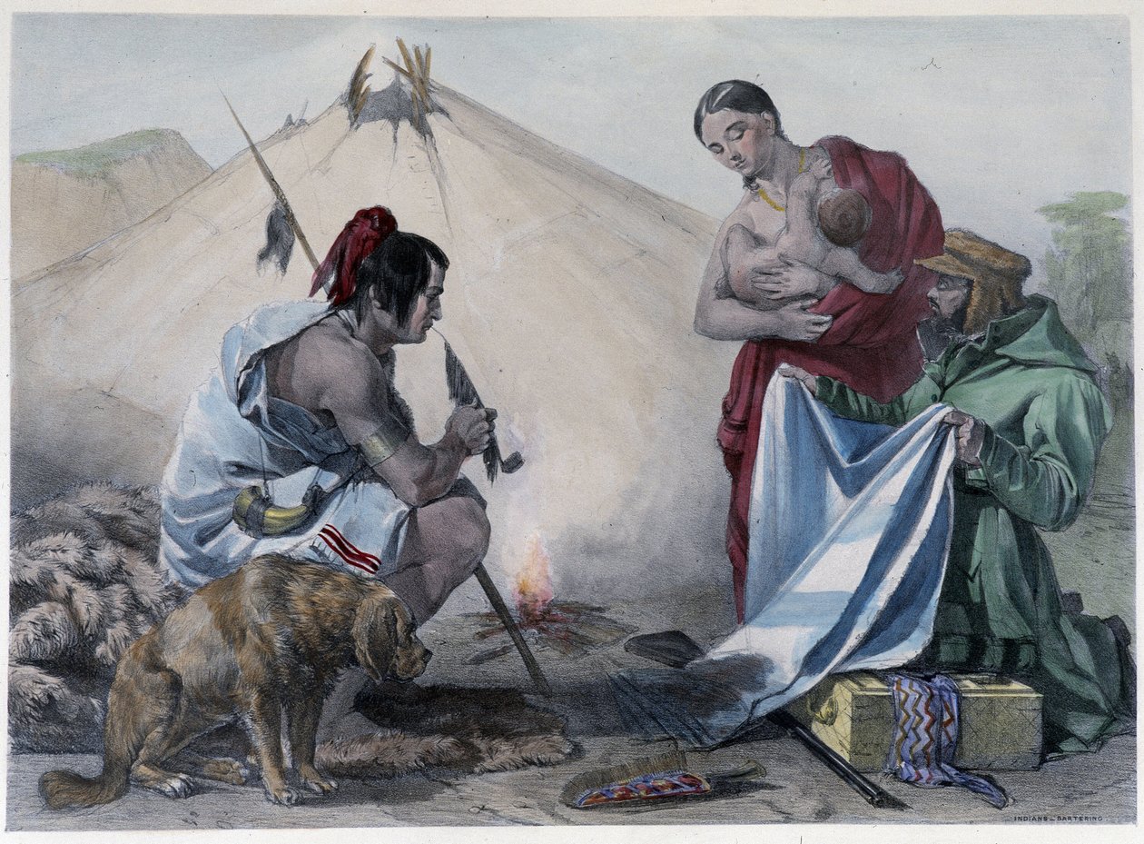 Trueque de pieles por tela entre indios hurones canadienses y hombre blanco - en "Shyth