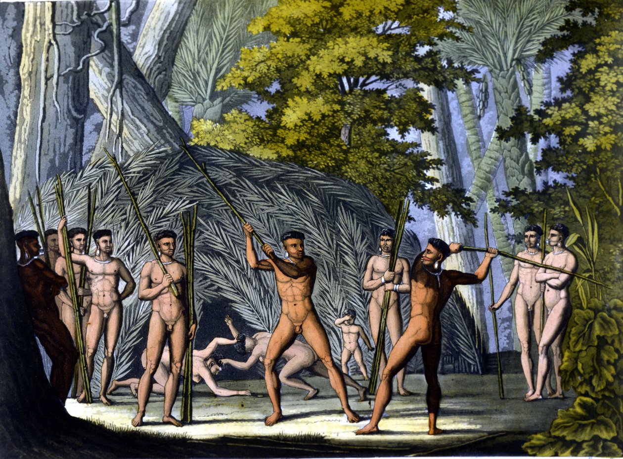 Lucha entre botocudos, indios de Brasil - en "El traje antiguo y moderno" de Ferrario, ed. Milán de Unknown artist
