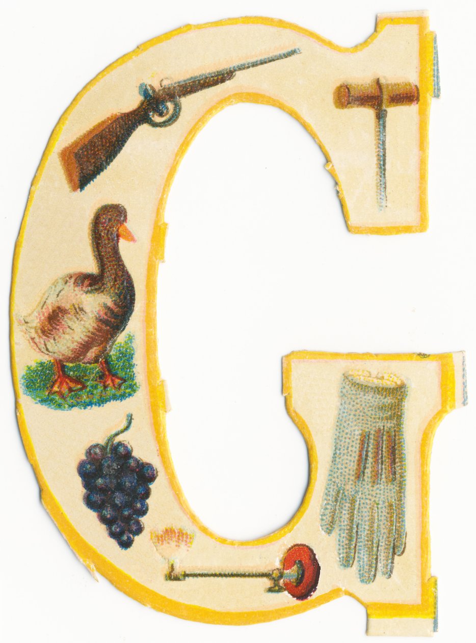 G: pistola, barrena, ganso, uva, lámpara de gas, guante de Unknown artist