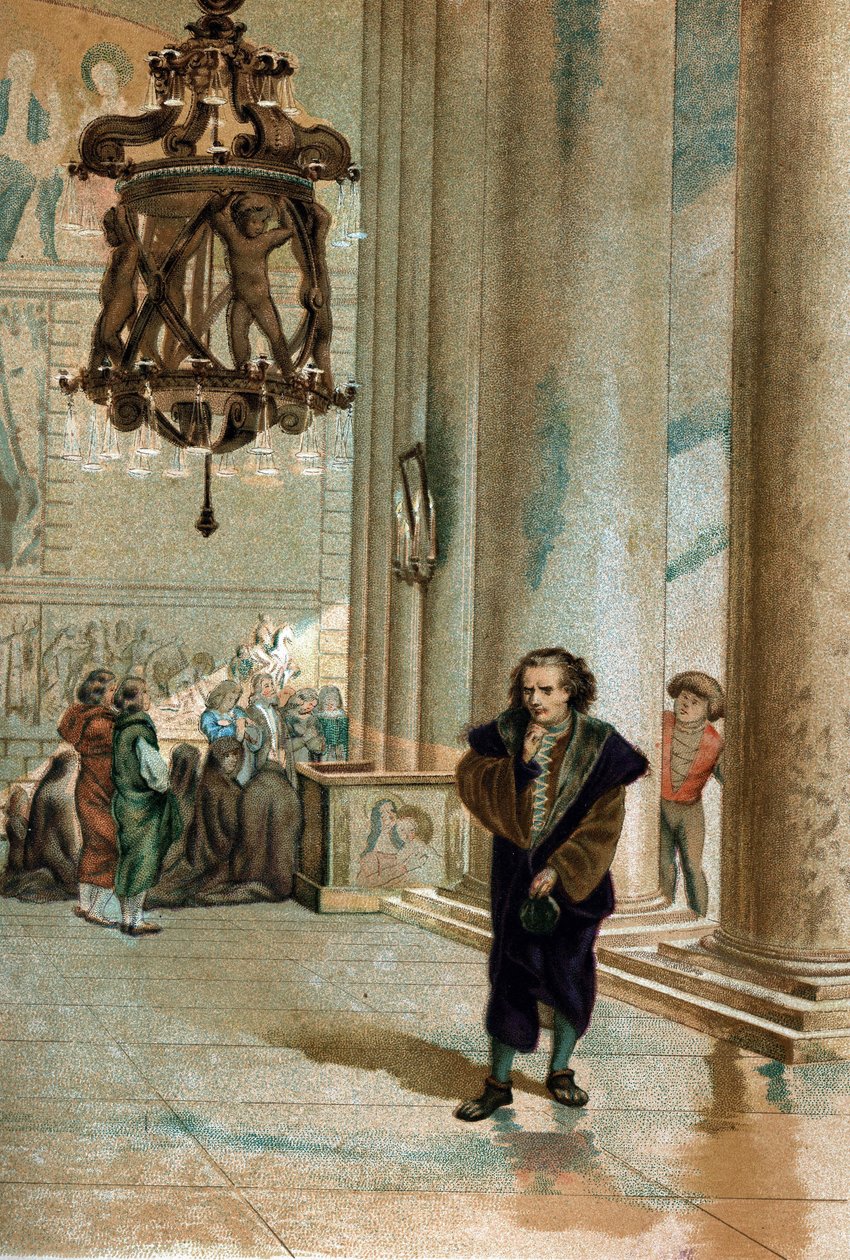 Galileo Galilei (1564 - 1642) observando la oscilación de la lámpara de la Catedral de Pisa. de “La Ciencia y sus Hombres” por Louis Figuier. Barcelona 1881 de Unknown artist