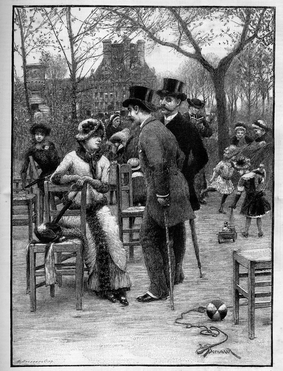 Conversación galante entre dos hombres y una joven, todos muy elegantes, en el Jardín de las Tullerías en París durante el verano. Grabado en "Le Monde Illustré" de Unknown artist