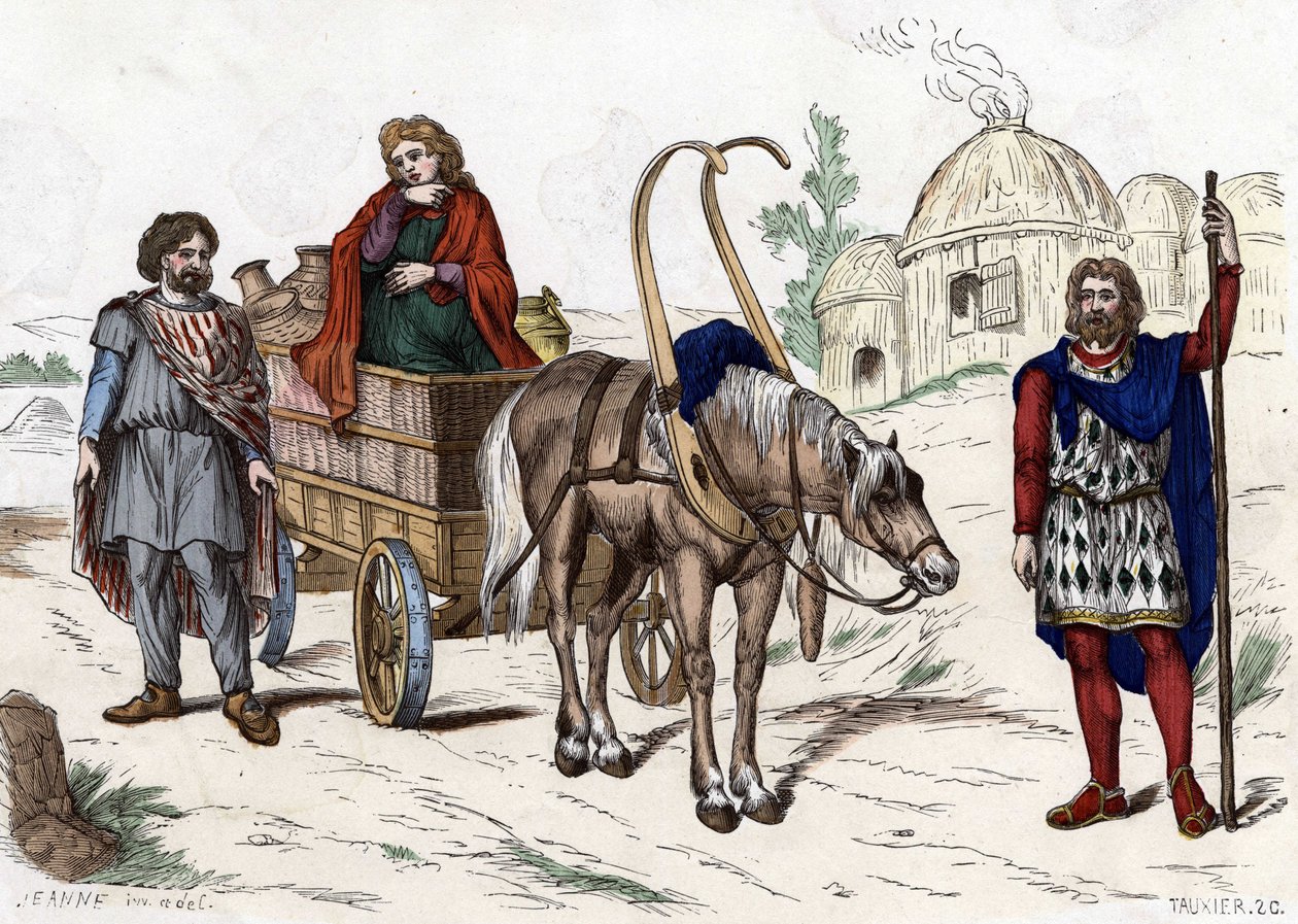 Vivienda gala, mujer, campesino, carro, agricultor rico, arnés - en “Les Costumes civil et militaires des Français dans travers les siècles Paris F. Roy 1882”. de Unknown artist