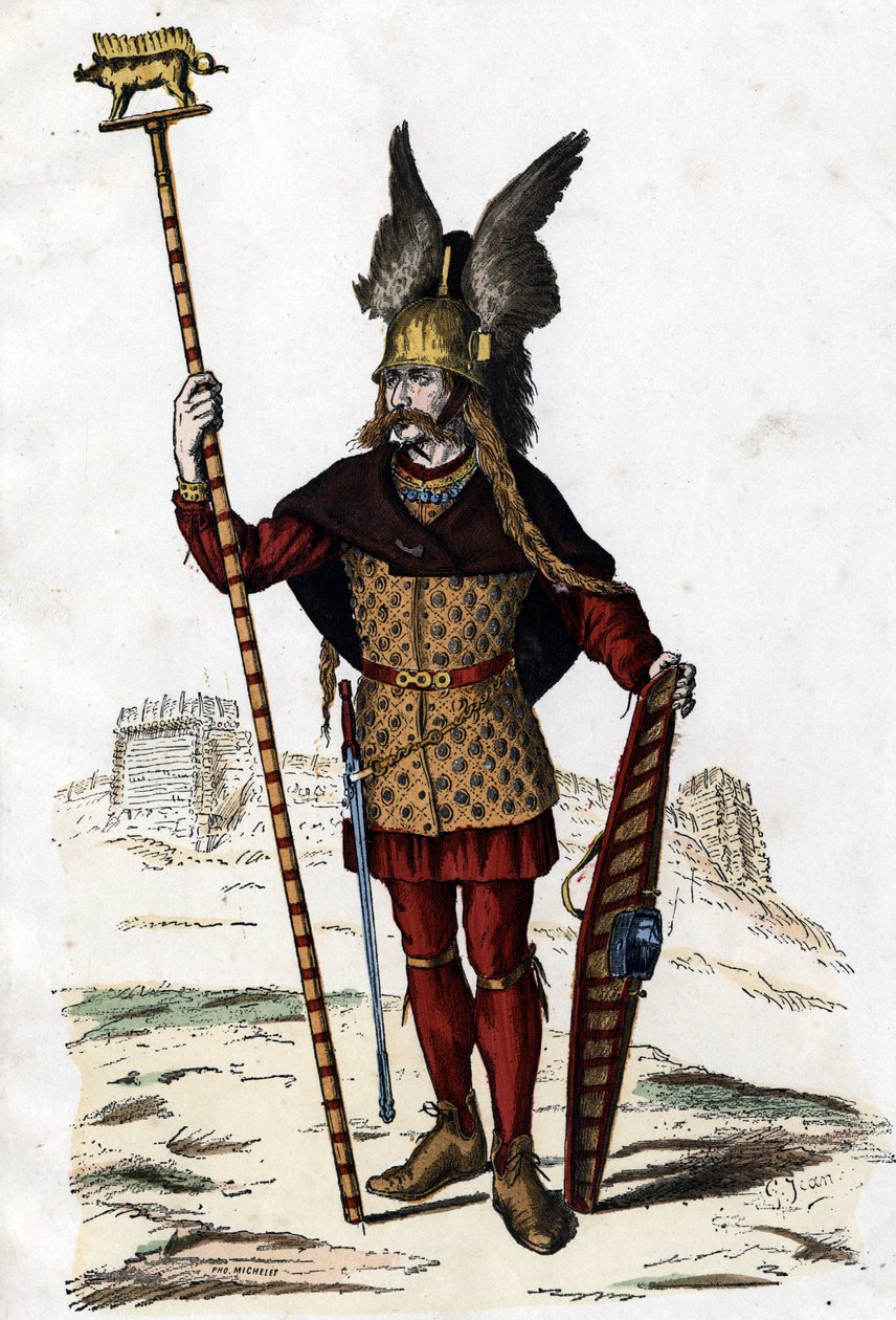 Líder galo portando el signo de guerra - en “Los trajes civiles y militares de los franceses a través de los siglos París F. Roy 1882”. de Unknown artist