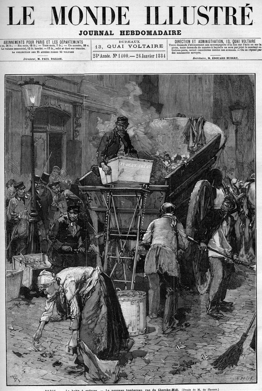 Caja de basura, el nuevo camión en la rue du Cherche Midi en París. Hombres y mujeres recogiendo desechos en una calle de París para ponerlos en un carro, limpiando así la vida. Grabado en “Le Monde Illustré”. de Unknown artist