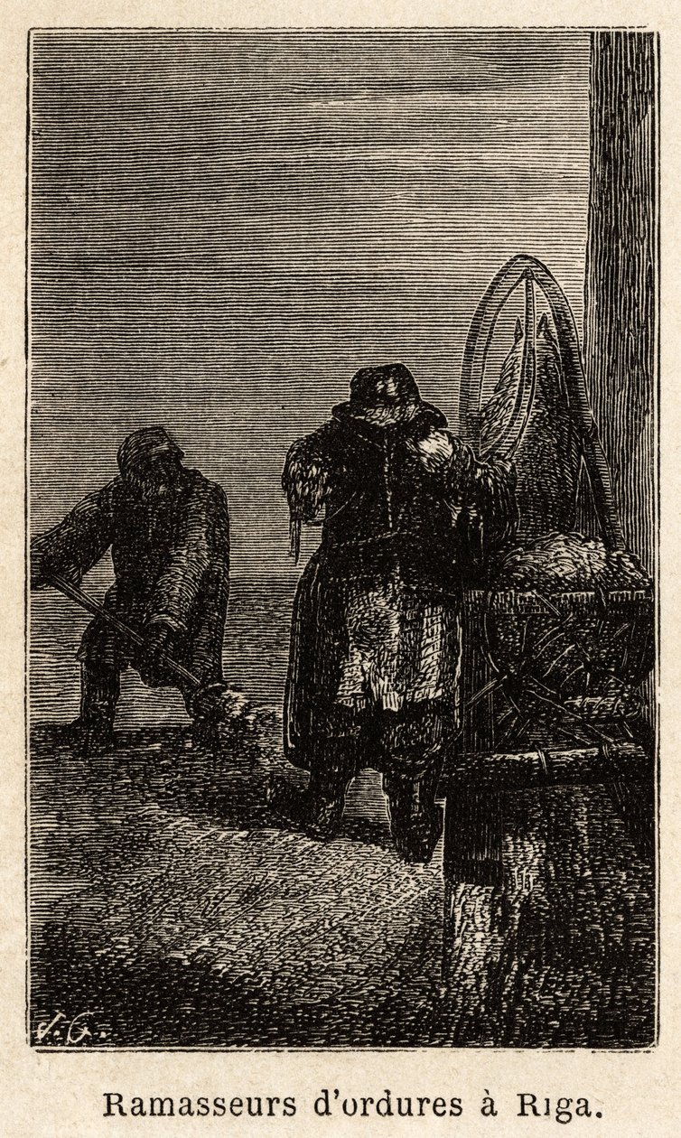 Recolectores de basura en Riga. Dibujo de Henriet, para ilustrar su viaje a las provincias bálticas rusas en 1851-54. Grabado en 