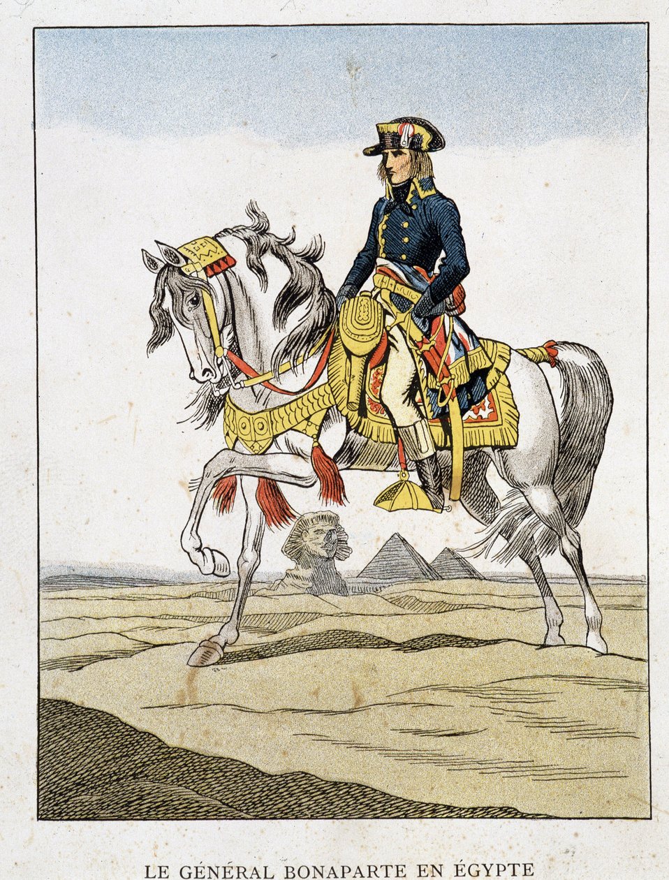 General Bonaparte en Egipto, un retrato montado frente a las pirámides y la esfinge. de Unknown artist