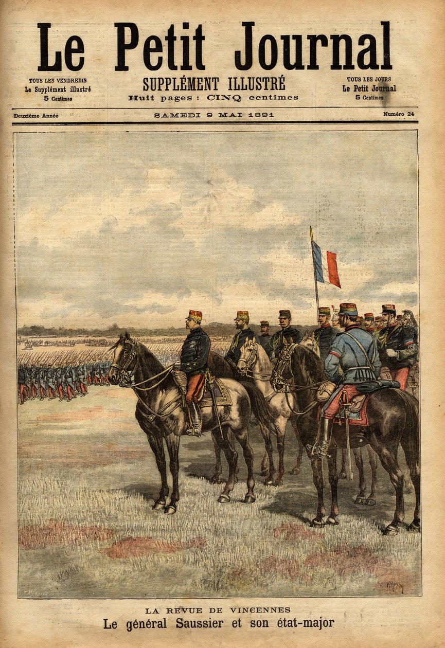 El General Felix Gustave (Felix-Gustave) Saussier (1828-1905) y su estado mayor revisaron las tropas en Vincennes. Grabado en “Le petit journal illustrado” 09/05/1891. Colección Selva de Unknown artist