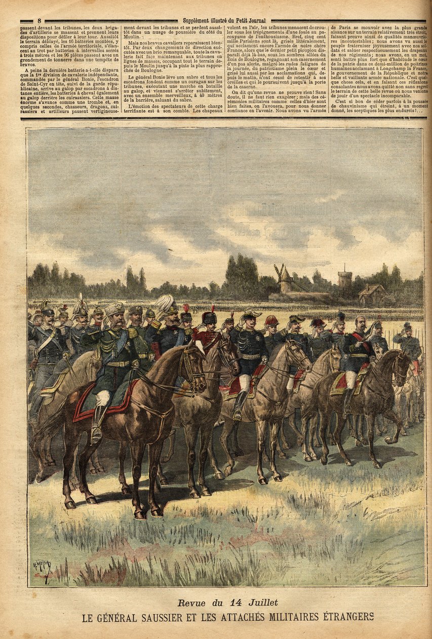 General Félix Gustave (Félix-Gustave) Saussier (1828-1905), gobernador militar de París desde 1884, rodeado de lazos militares extranjeros, revisó las tropas durante el desfile el 14 de julio de 1891 en la llanura del Bois de Boulogne. Grabado en 