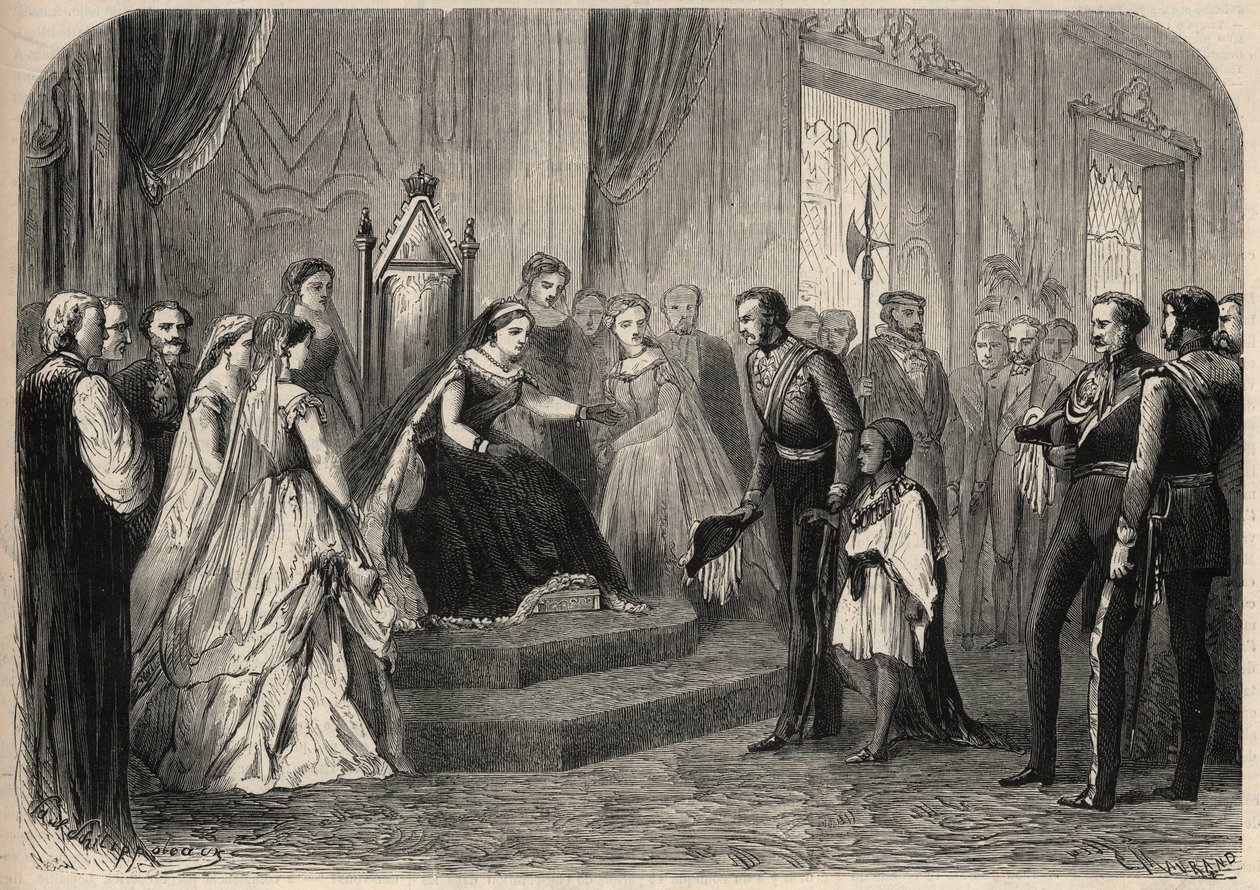 El General Robert Cornelis Napier (1810-1890) presentó a Leul Alemayehou Tewodros (1861-1879), el hijo del negus etíope Teodoro II (Tewodros), a la Reina Victoria I (1819-1901). Grabado en “L