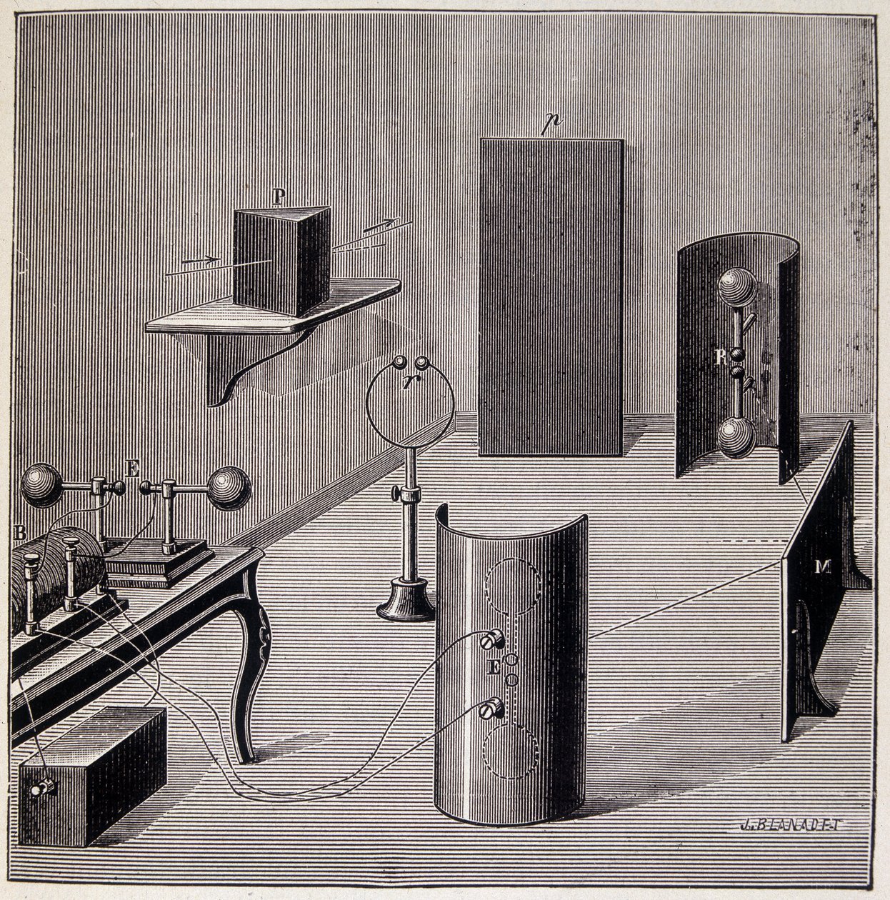 Disposición general de los experimentos de Heinrich Hertz (1857-1894) sobre ondas eléctricas - en “Física popular” de Emile Desbeaux, Flammarion de Unknown artist