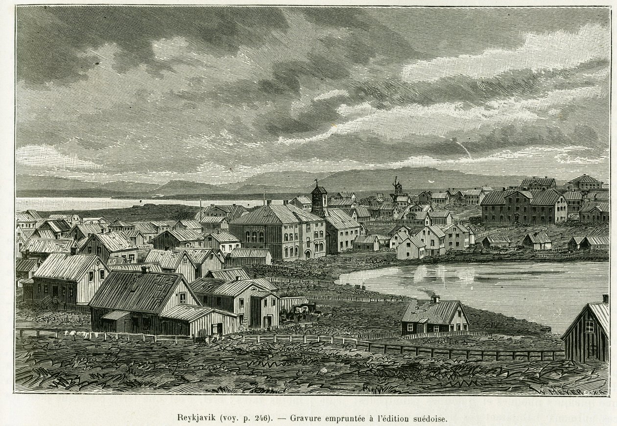 Vista general de Reikiavik. Grabado para ilustrar la historia La nueva expedición del Profesor Nils Adolf Erik (Eric) Barón Nordenskjold (Nordenskiold) (1832-1901) en Groenlandia, por Charles Rabot, en le tour du monde 1886, bajo la dirección de Edouard Ch de Unknown artist