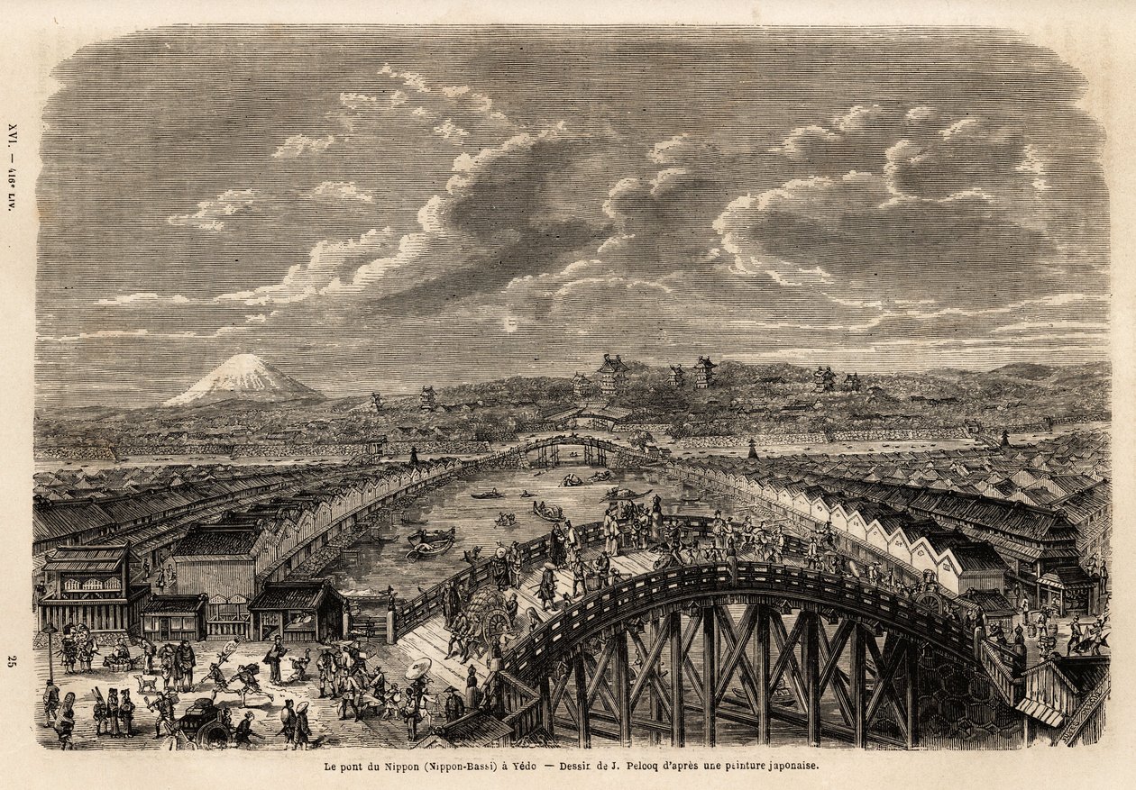 Vista general de Yedo (o Edo, actual Tokio) desde el Nippon Bassi (el puente de Nippon), animada por transeúntes y porteadores en el puente, entre los callejones comerciales, vista de las tiendas y al fondo, vista del Monte Fuji. Grabado de Unknown artist