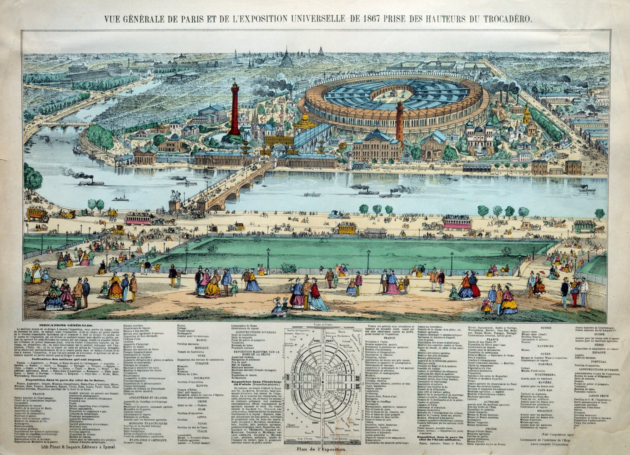 Vista general de la Exposición Mundial de 1867 en París. Al fondo: el parque de la escuela militar del Champ de Mars. Grabado París, Museo Carnavalet de Unknown artist