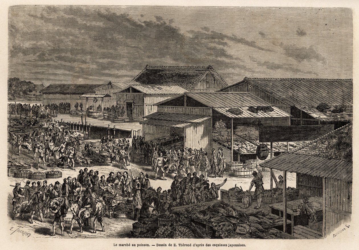 Vista general del mercado de pescado, con el puerto de las barcas de mercancías, las chozas y los puestos de presentación de los productos, y el escenario para la venta a las casas de subastas, con la animada actividad que reúne el lugar: porteadores, vend de Unknown artist