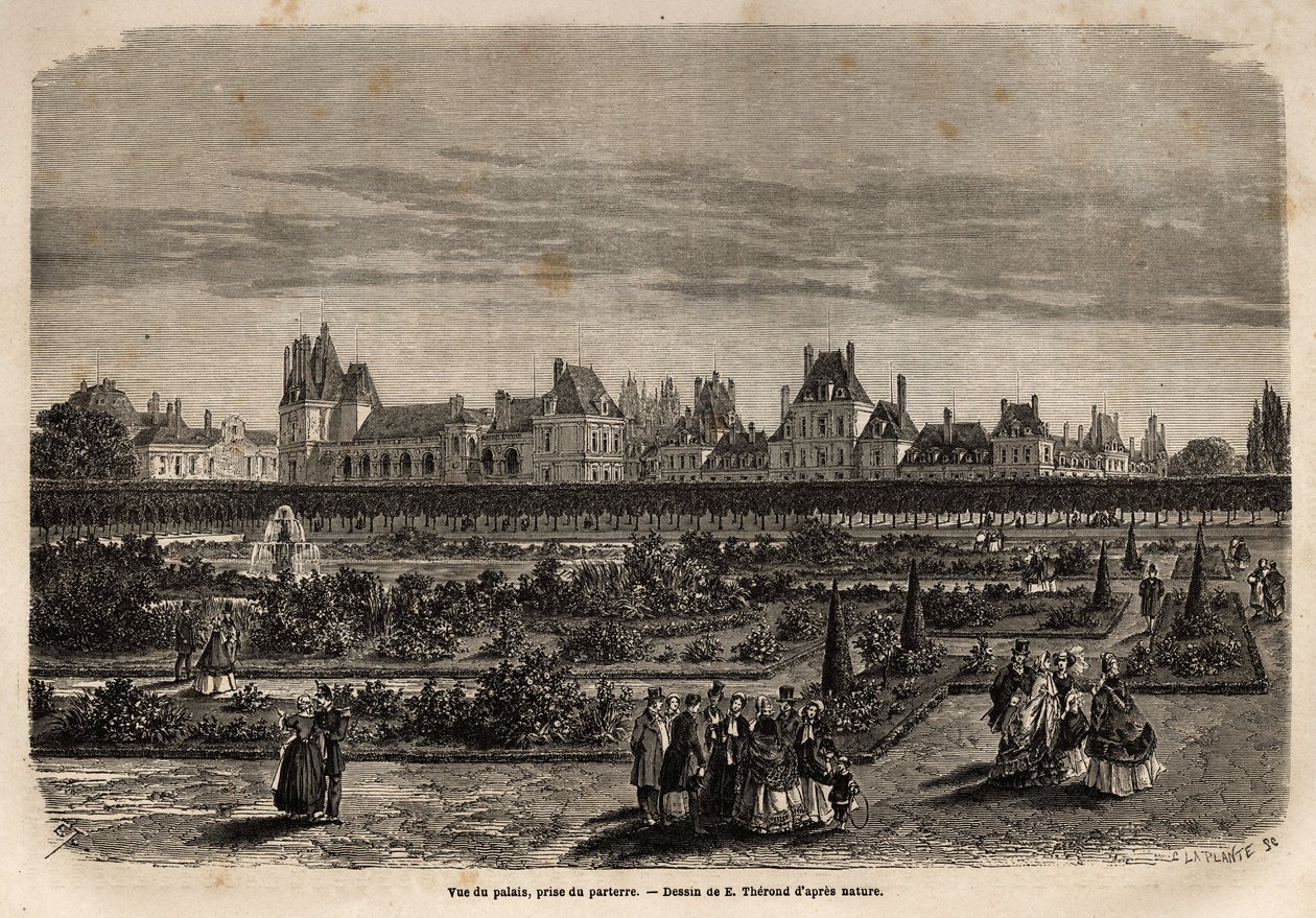 Vista general del palacio y jardines de Fontainebleau, tomada desde el suelo. Grabado para ilustrar una descripción del castillo y bosque de Fontainebleau, en 1867, por M.Pays, en “Le tour du monde, nouveau journal des voyages” publicado bajo la dirección  de Unknown artist