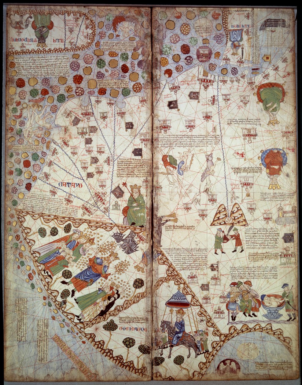 Mapa geográfico: China, Valle del Ganges, Sumatra, Ceilán. Atlas Catalán (mapa catalán) (España). Manuscrito de 1375 (Folio 2v - folio 3) por Abraham Cresques. BN, París de Unknown artist