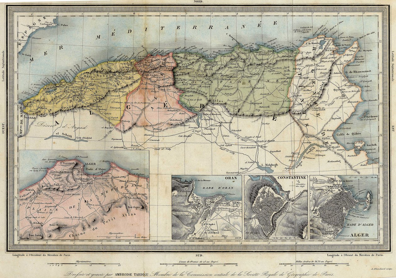 Mapa geográfico de Argelia y detalles de las provincias de Argel, Orán y Constantina, realizado por Amboise Tardieu de Unknown artist