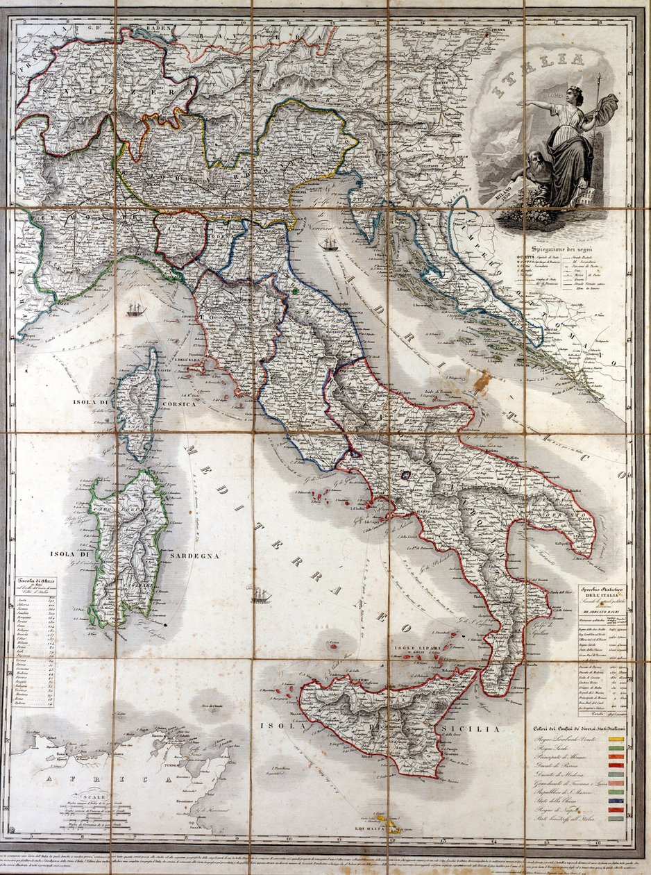 Mapa geográfico de Italia en 1850 con la delimitación de las fronteras de los diferentes estados que componían el país antes del Risorgimento de Unknown artist
