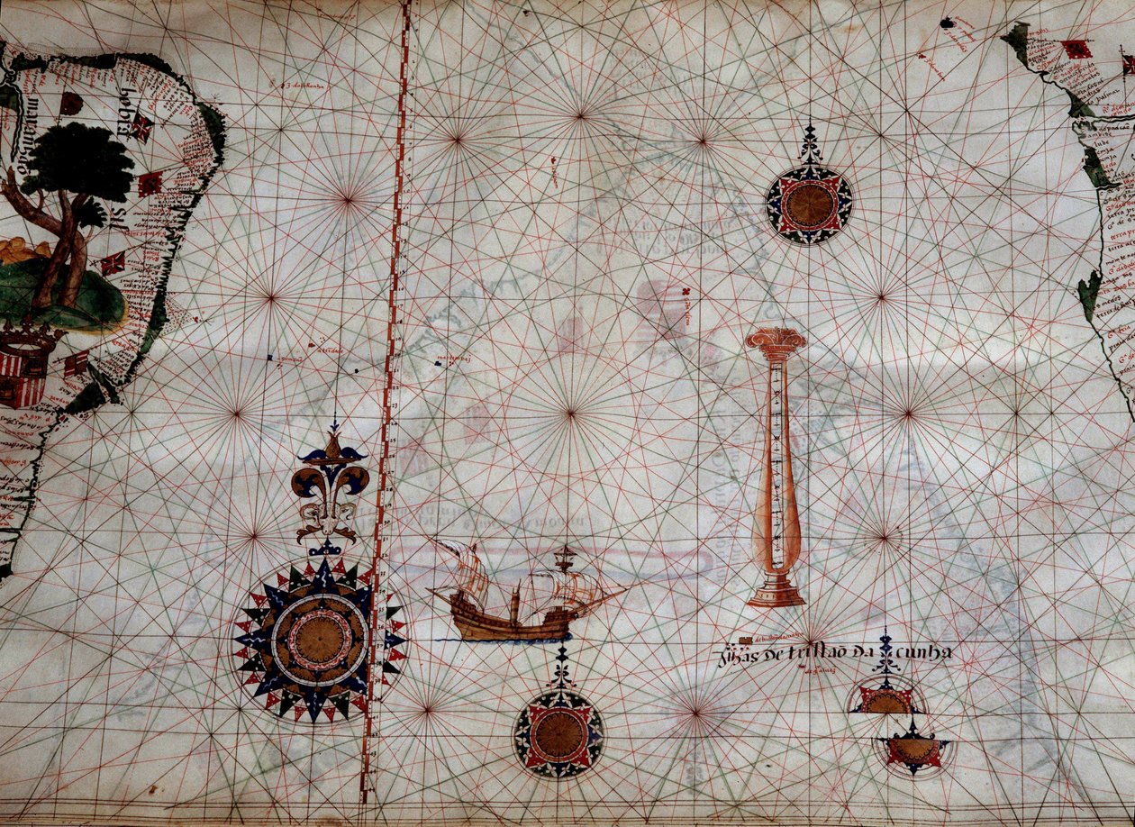 Geografía: detalle de un mapa de navegación de Luis Lazare representando las islas del archipiélago de Tristan da Cunha y la carabela del explorador del mismo nombre, frente a la costa de Sudáfrica de Unknown artist
