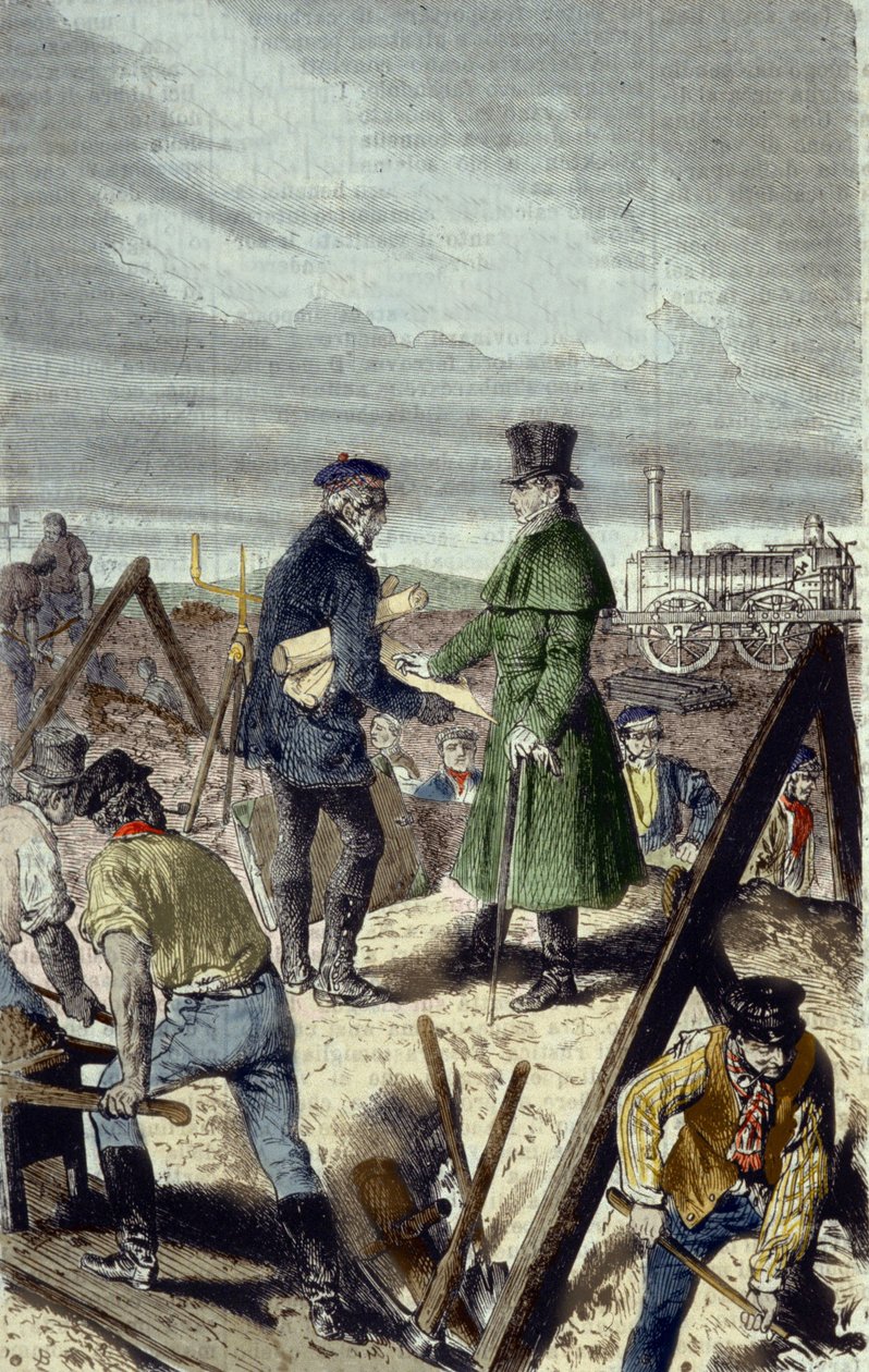 Georges Stephenson (1781-1848), ingeniero inglés, constructor de la carretera Liverpool Manchester con su primera locomotora de Unknown artist