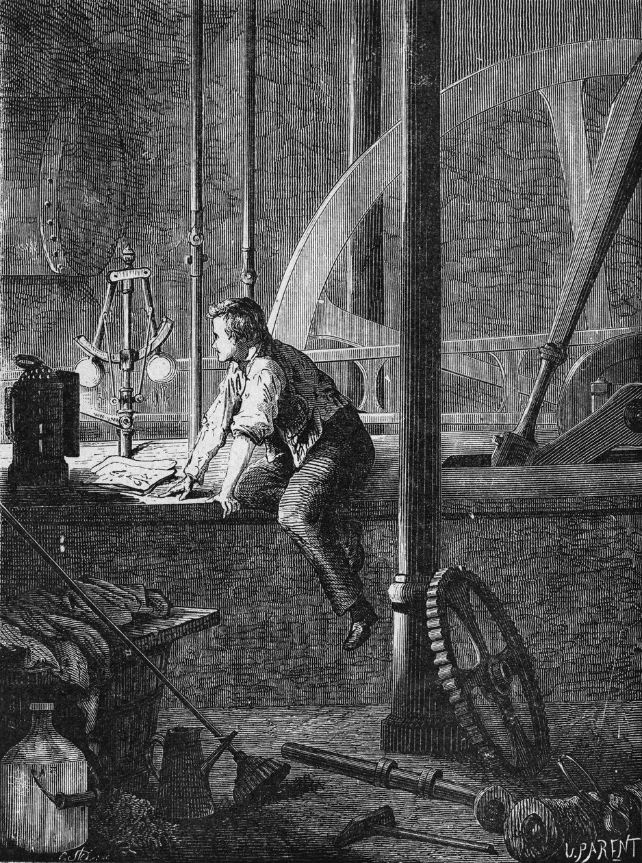 Georges Stephenson, un trabajador conductor en Newcastle, desmonta y repara su máquina de vapor. En 