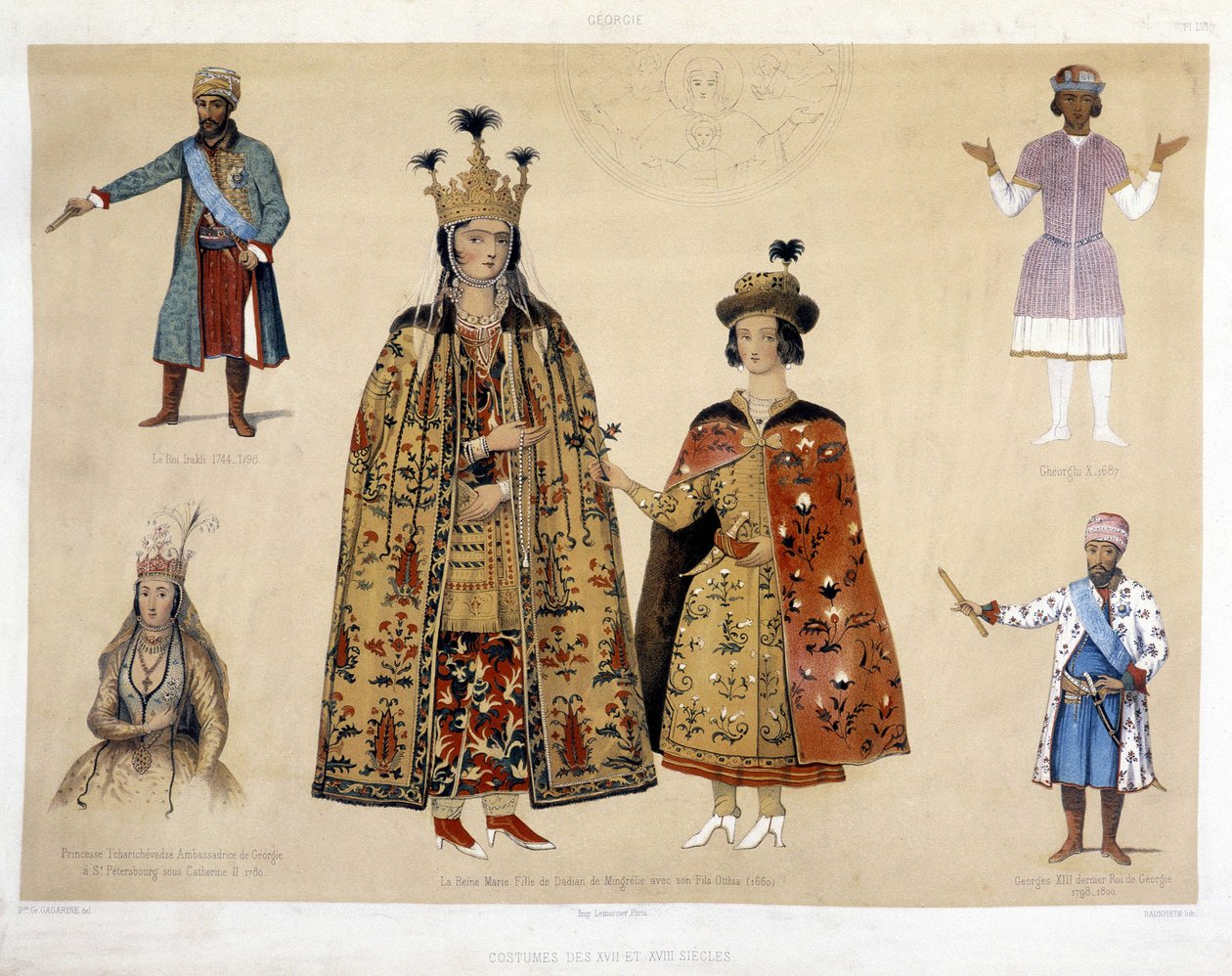 Tablero de trajes georgianos en los siglos XVI y XVII: Rey Irakli (1744 - 1798), Gheorghi X (1687), Princesa Chartchevadze (Embajadora de Georgia en San Petersburgo bajo Catalina II 1780), Reina María (hija de Dadian de Mingrelie con su hijo Otthia 1) de Unknown artist