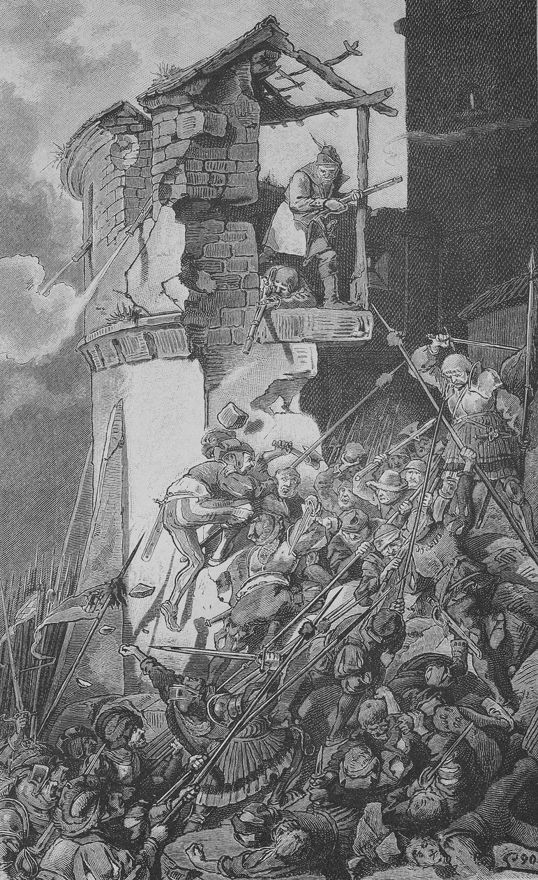 Guerra de los campesinos alemanes (1524-1526): Devastación de Murrhardt, pequeña ciudad del distrito de Rems-Murr, a unos 40 km al noreste de Stuttgart, en el corazón del bosque de Suabia. de Unknown artist