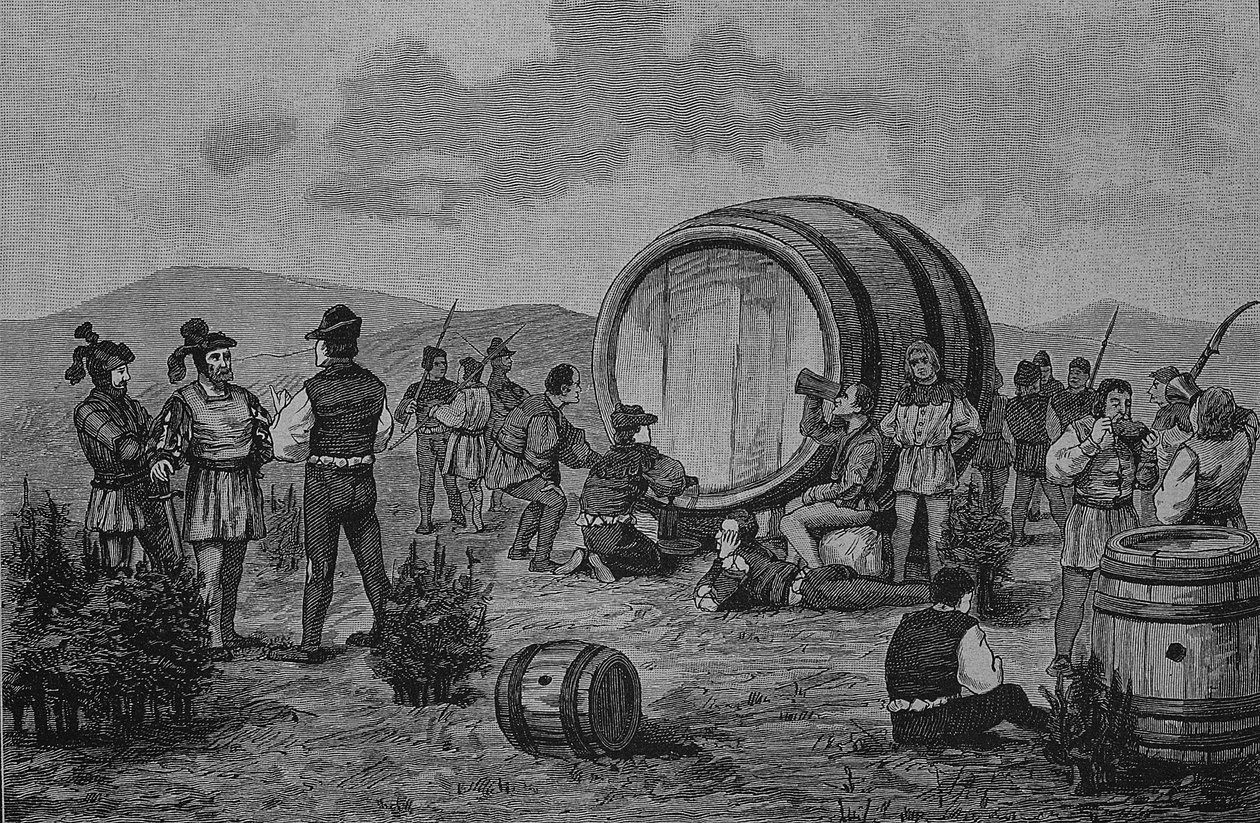 Guerra de los campesinos alemanes (1524-1526): Campamento de campesinos en los enebros con un gran barril de vino de Unknown artist